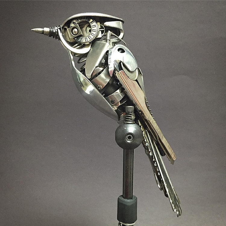 bird on a perch metal sculpture by Matt Wilson of Airtight Artwork